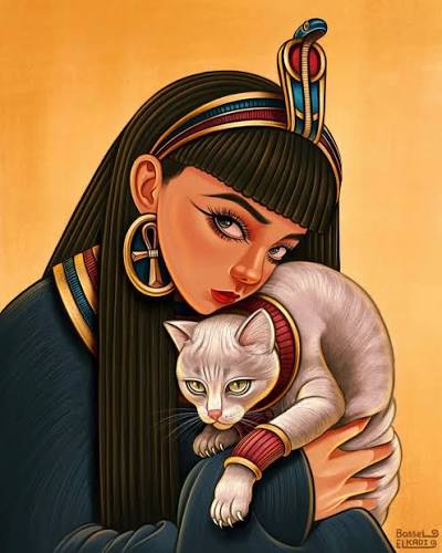 Illustration d'une femme égyptienne tenant un chat dans ses bras